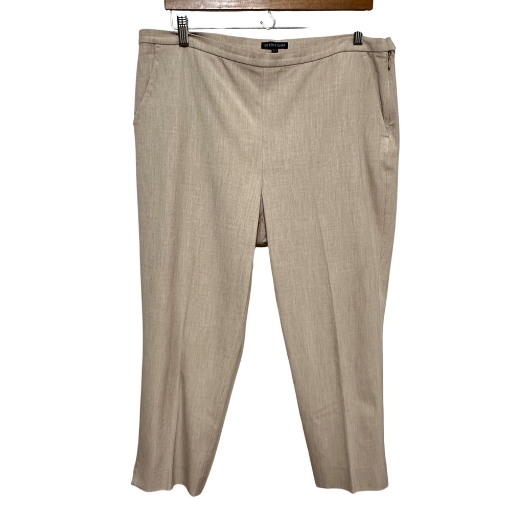 Eileen Fisher Flat Front Ankle Trousers Womens 14 Beige Tapered Luxury Office